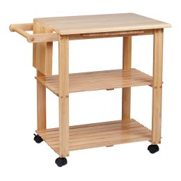 DunaWest 34 Inch Rubberwood Kitchen Cart; 2 Open Shelves; Knife Holder; Cutting Board; Oak Brown