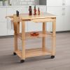 DunaWest 34 Inch Rubberwood Kitchen Cart; 2 Open Shelves; Knife Holder; Cutting Board; Oak Brown